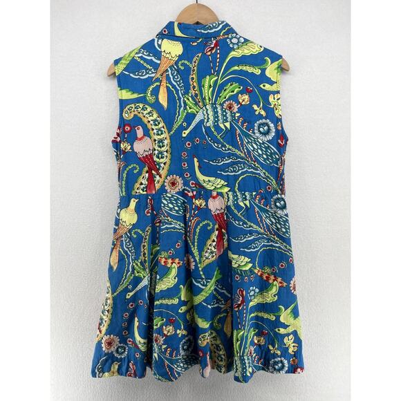 LIVRO Dress L Floral Bird Fit & Flare Button Front Mini Shirtdress Cotton Blue - Picture 2 of 16